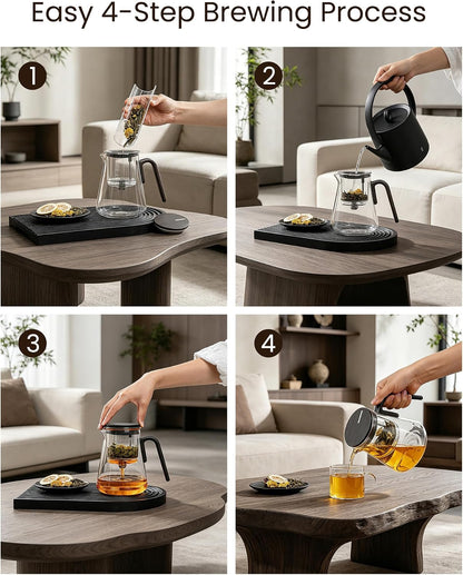 ZENS Magnetic Tea Pot, Enchanted Glass Teapot with Infuser and Magnetic Suction Lid for Mess-Free Loose Tea Diffusers, Walnut Wood Handle, Tea Lovers Gifts