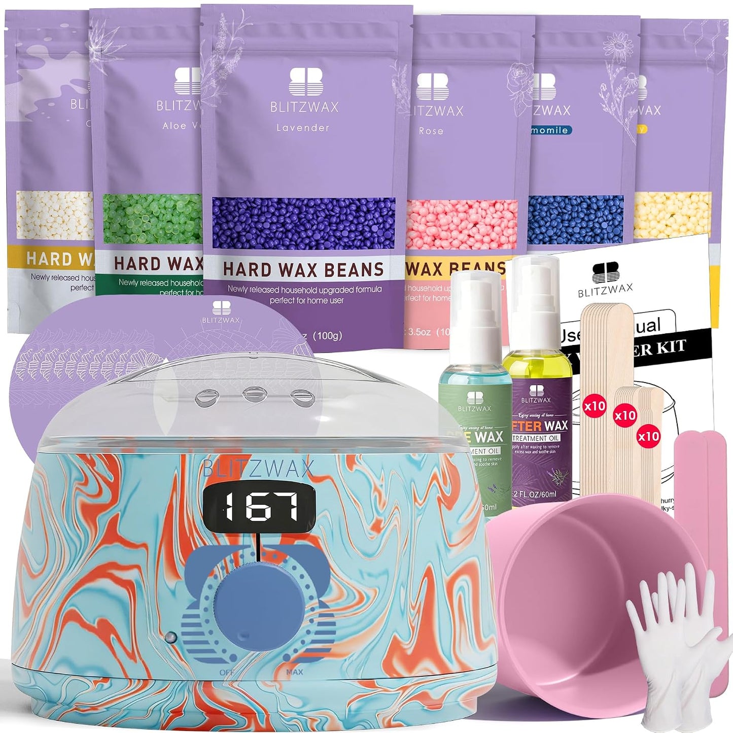 BLITZWAX Brazilian and Bikini Waxing Kit for Women, Hard Wax Warmer for Face, Legs and Body, At Home Hair Removal Kit, Beginner Friendly, Digital Fast Heating, 51 Wax Items
