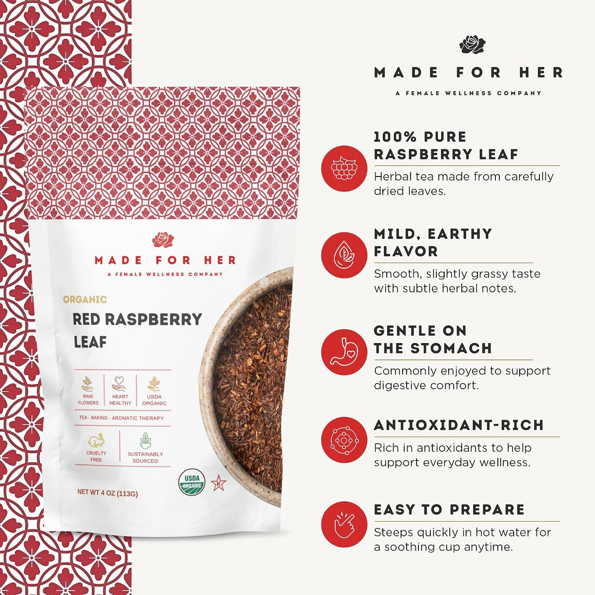 Made For Her Raspberry Leaf Tea – Cut and Sifted Loose Leaf Herbal Tea – Caffeine Free Botanical Tea for Daily Wellness & Relaxation Rituals – 4 oz