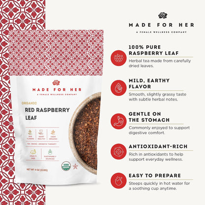 Made For Her Raspberry Leaf Tea – Cut and Sifted Loose Leaf Herbal Tea – Caffeine Free Botanical Tea for Daily Wellness & Relaxation Rituals – 4 oz