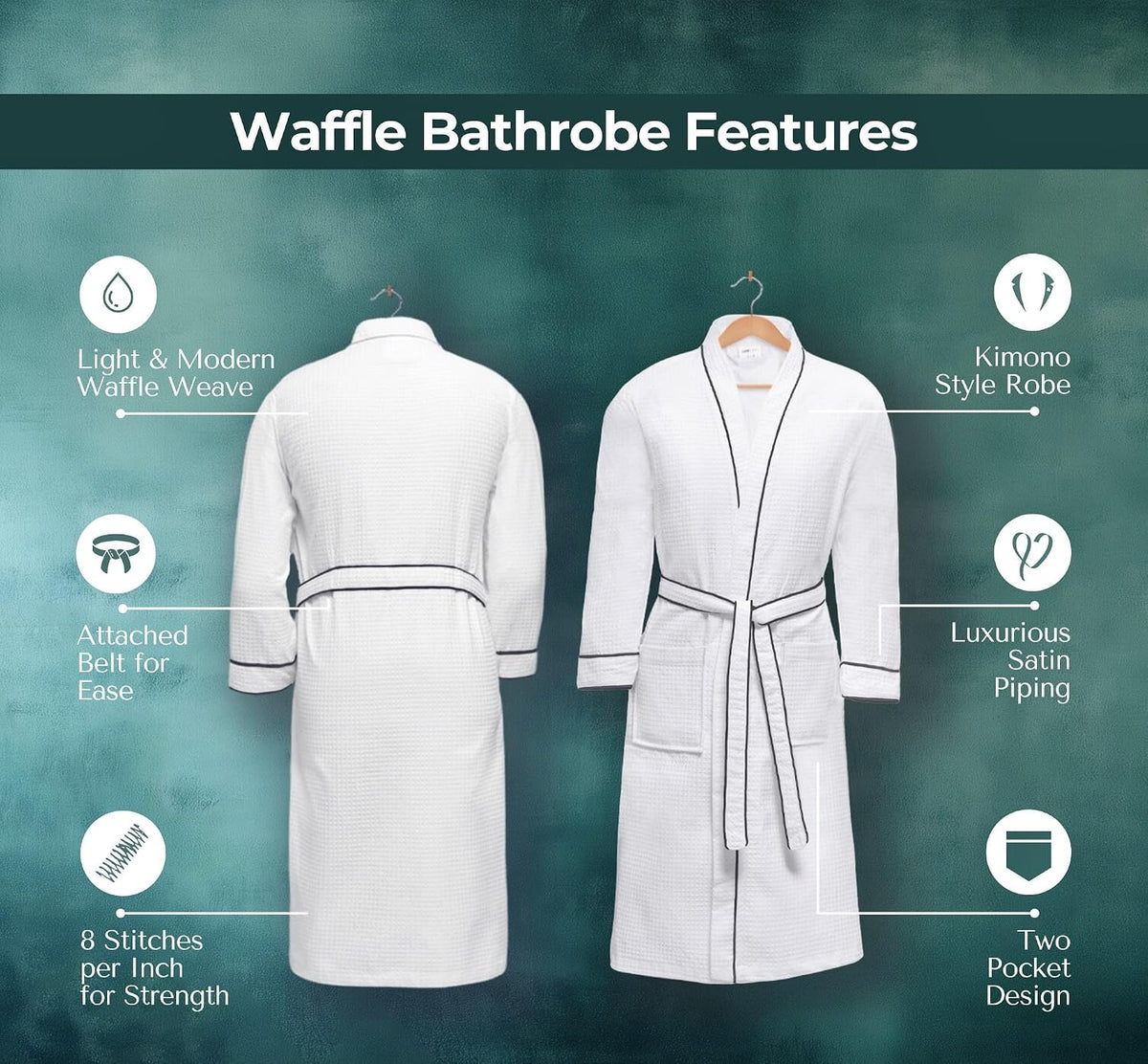 Looperry Unisex White Waffle Bathrobe (1 Piece) Luxurious & Lightweight Shower Robe in Organic Cotton Poly Blend