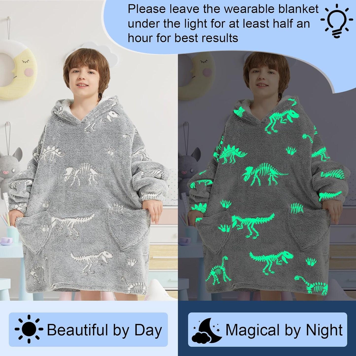 Fiosnow Glow in the Dark Unicorn Blanket Hoodies for Kids 6-13YR Oversize Wearable Blanket Hoodies for Boys Girls Teens
