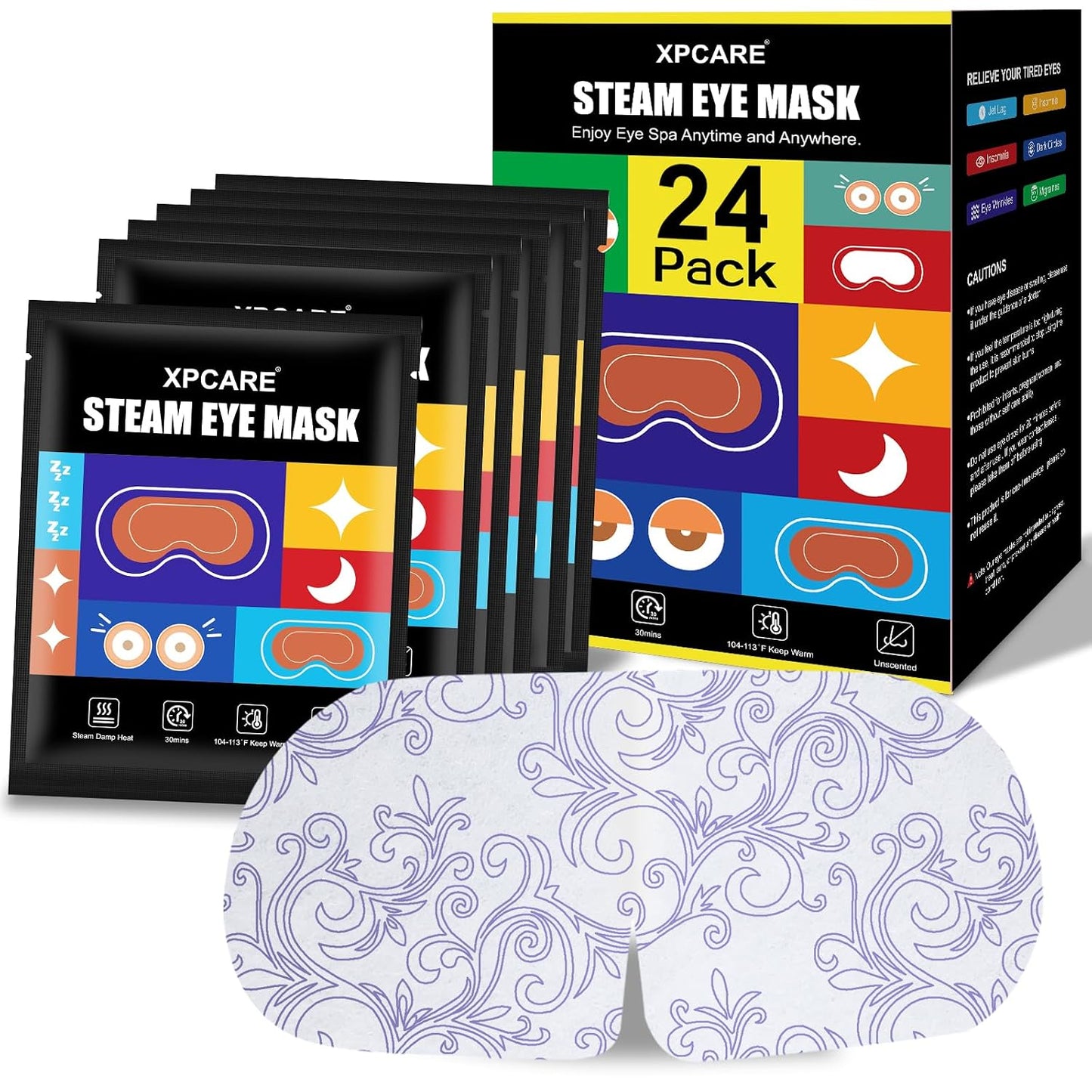 XPCARE 24 Pack Steam Eye Masks for Dry Eyes, Self Heated Steam Warm Eye Mask, Disposable Heated Eye Mask for Dark Circles, Puffy Eyes, Relief Stress Eye Fatigue (Unscented)