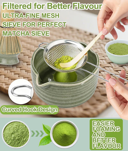 JBER Matcha Whisk Set, Ceramic Matcha Set Includes Bowl & Holder, Bamboo Whisk (Chasen), Sifter, Scoop, Spoon & Rest - 7PCS Matcha Kit Gift for Matcha Lovers & Beginners, Gradient Pink