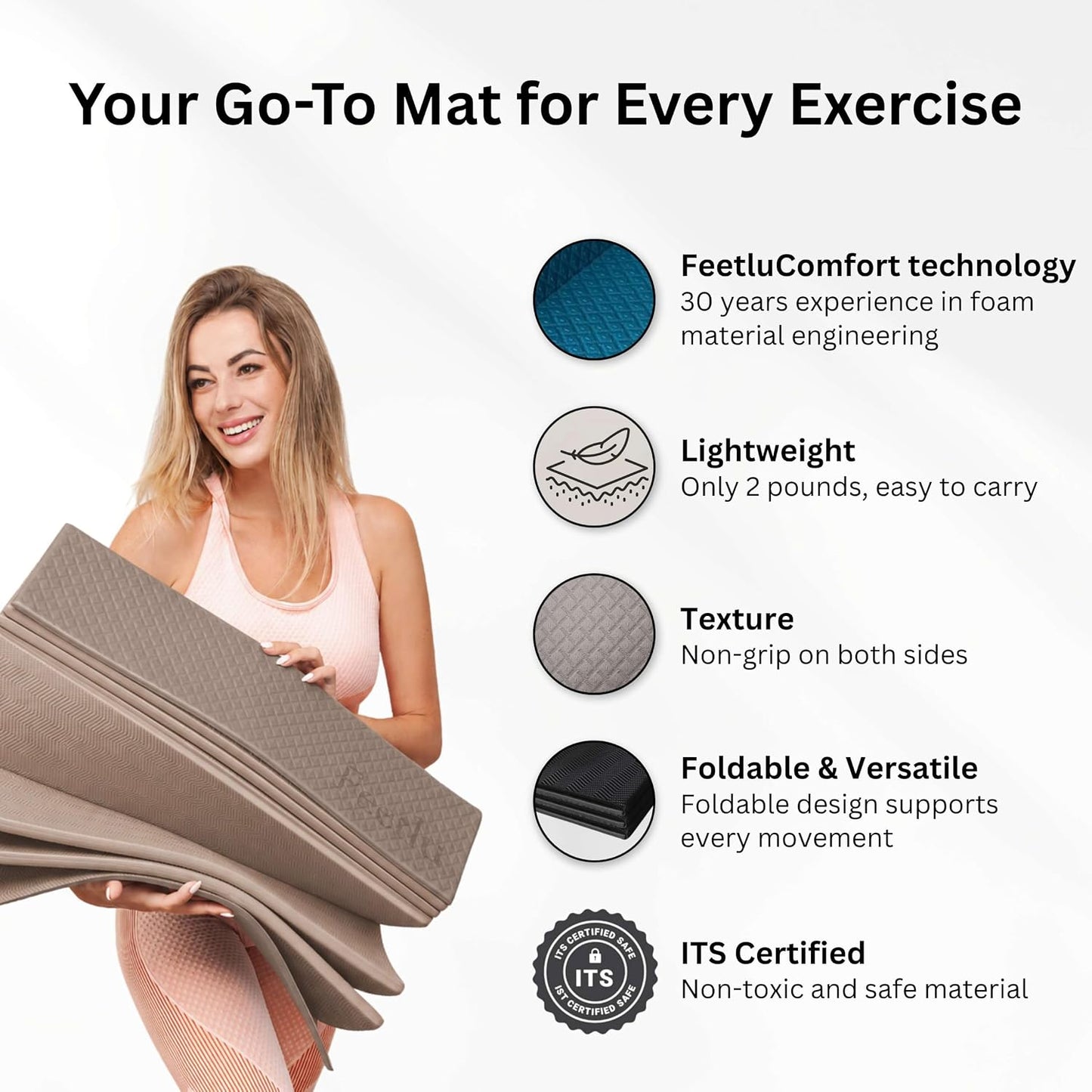 Foldable Yoga Exercise Mat, 6mm/8mm/10mm/12mm Thickness, 72 x 24 Inch - Lightweight, Anti-Slip, and Easy to Store for Yoga, Pilates, Home Workouts, and Floor Exercises