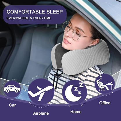 napfun Neck Pillow for Traveling, Upgraded Travel Neck Pillow for Airplane 100% Pure Memory Foam Travel Pillow for Flight Headrest Sleep, Portable Plane Accessories, Light Grey