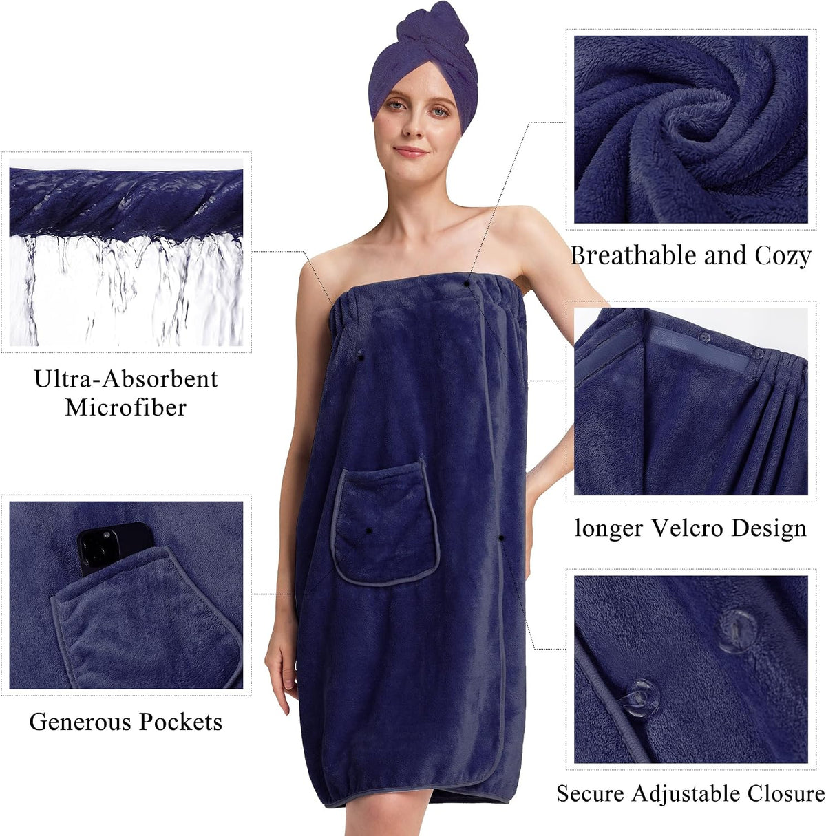 PJGGZ Towel Wrap for Women, Adjustable Button Quick Dry Absorbent Bath Wrap