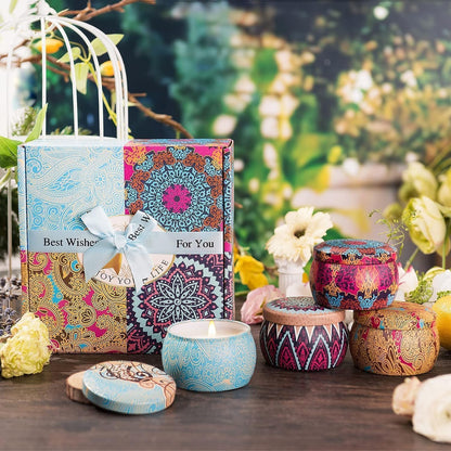 Scented Candles Gift Set for Women, 4 Pack Soy Wax Candles in Classic Bohemian Tins, Aromatherapy Candle Set, Birthday Gifts for Mom, Thank You Gifts