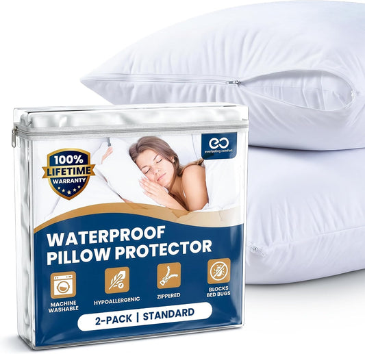 Stain Resistant & Waterproof Full Size Pillow Protectors with Zipper (Set of 2) - White Pillowcases - Breathable, Comfortable Covers for Pillows, 21 x 27 Inches