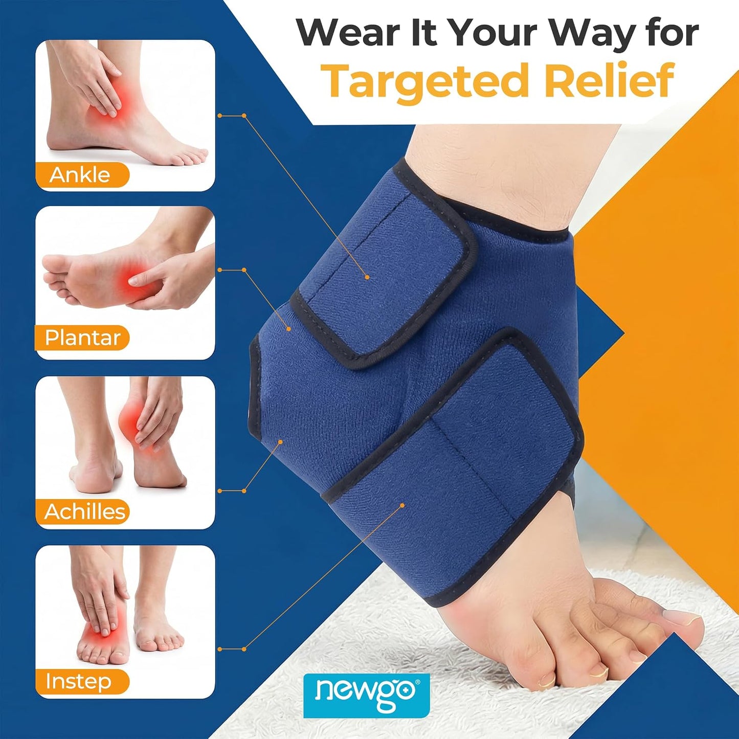 NEWGO Ankle Ice Pack Wrap for Swelling & Pain Relief, Reusable Hot Cold Gel Packs, Adjustable Brace for Plantar Fasciitis, Achilles Tendonitis, Heel Spur, Sprained Injuries - Up to 75kg Men Women