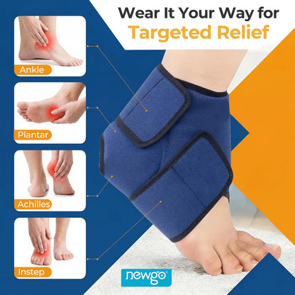 NEWGO Ankle Ice Pack Wrap for Swelling & Pain Relief, Reusable Hot Cold Gel Packs, Adjustable Brace for Plantar Fasciitis, Achilles Tendonitis, Heel Spur, Sprained Injuries - Up to 75kg Men Women