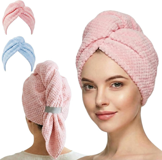 3 Pack Microfiber Hair Towel Wrap for Women 26 x 10 in | Hair Drying Towel with Button |Hair Turban Towel Quick Dry Coral Fleece Head Towels (Pink + Blue + Grey)