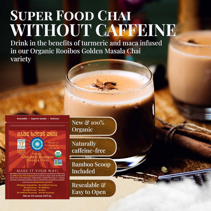 Blue Lotus Chai - Golden Masala Flavor Chai - Makes 100 Cups - 3 Ounce Masala Spiced Chai Powder with Organic Spices - Instant Indian Tea No Steeping - No Gluten