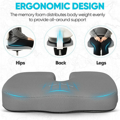 FORTEM Seat Cushion, Office Chair Cushion, Memory Foam Car Seat Cushions, Sciatica Coccyx Tailbone Pain Relief, Chair Cushions for Back Support, Sitting Pad for Gaming, Washable Cover, Non Slip
