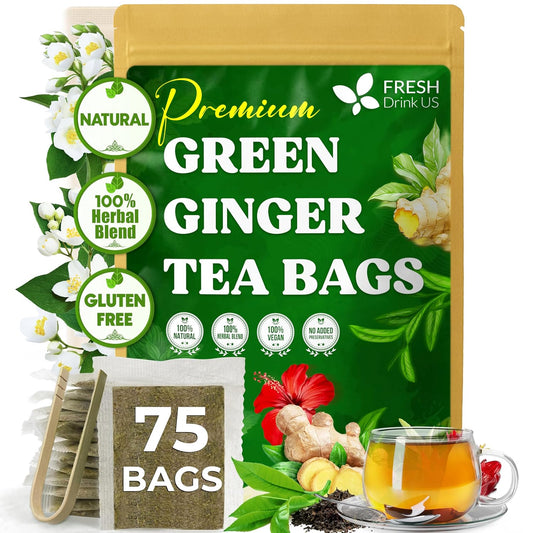 FreshDrinkUS, Premium Green Ginger Tea | 135 Tea Bags | Sencha Green Tea with Ginger, Lemongrass, Turmeric, Hibiscus & Peppermint | Natural Herbal Blend | Comfort & Refreshing, Vegan