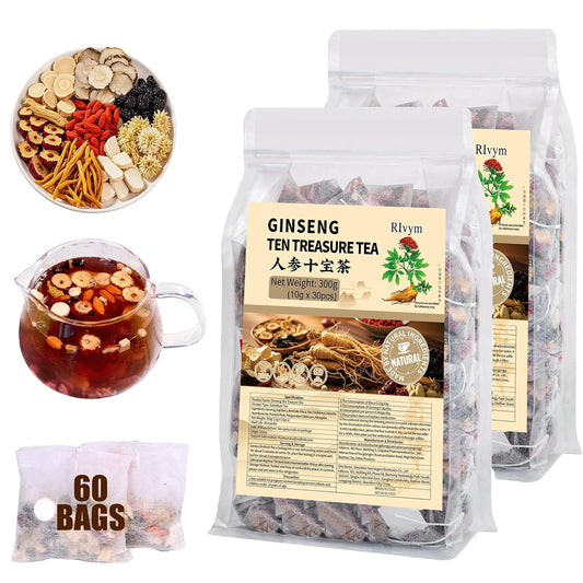 60Pcs Ginseng Ten Treasures Tea, Chinese Traditional Kidney Herbal Tea, Natural Kidney Cleanse Detox Tea for Women & Men, 10 Precious Ingredients Formula(60Bags, 600g)
