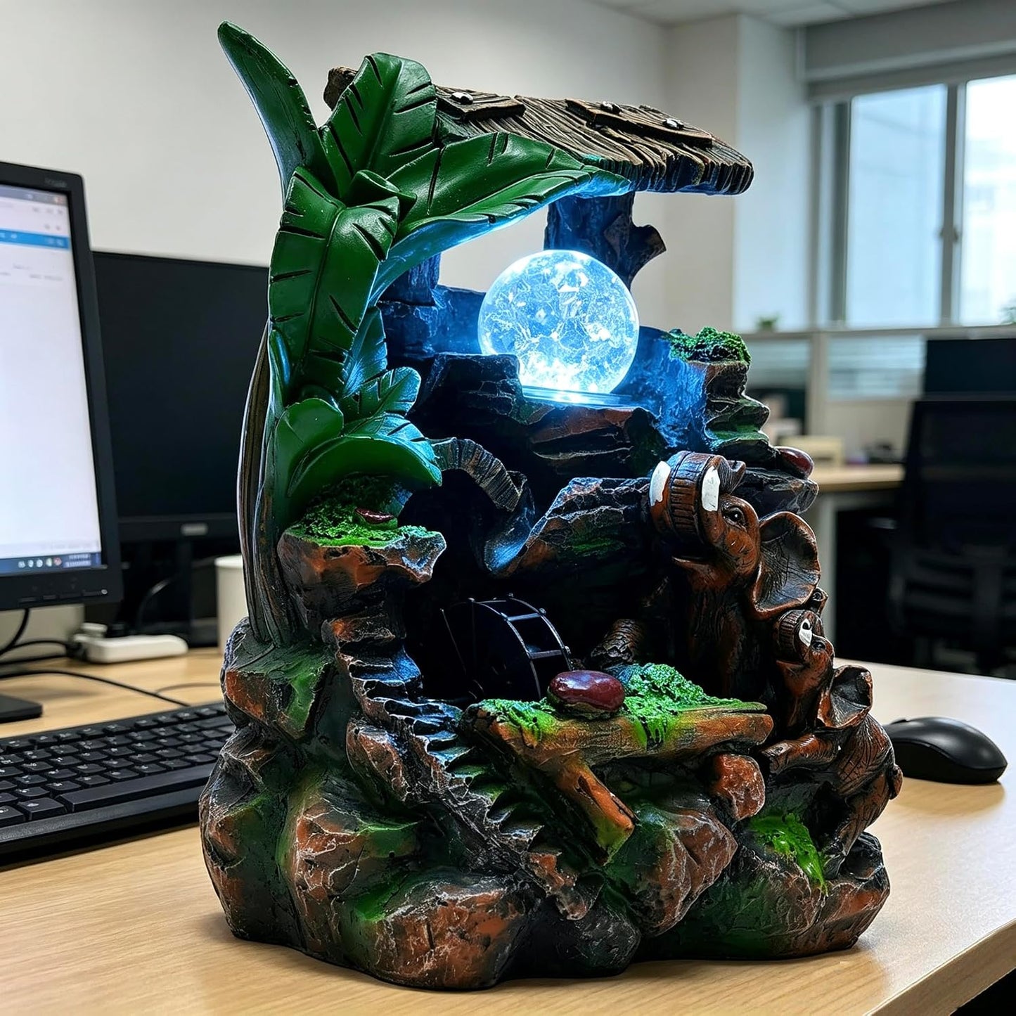 Mini Artificial Bonsai Tree Waterfall Fog Feature Rock Tabletop Fountain | 11in Desktop Decor Waterfall Fountain W/ Water Pump& Atomizer&LED Lights &Fake Tree Office Bedroom Relax