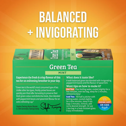 Twinings Green Tea with Mint Individually Wrapped Bags, 20 Count (Pack of 1), Invigorating Aroma, Caffeinated, Enjoy Hot or Iced, 20 Teabags