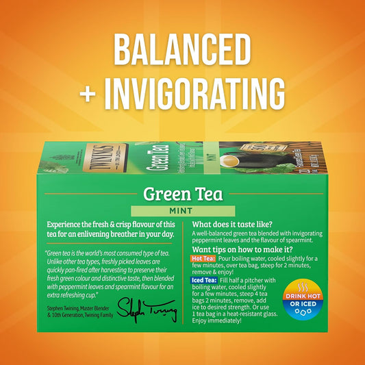 Twinings Green Tea with Mint Individually Wrapped Bags, 20 Count (Pack of 1), Invigorating Aroma, Caffeinated, Enjoy Hot or Iced, 20 Teabags