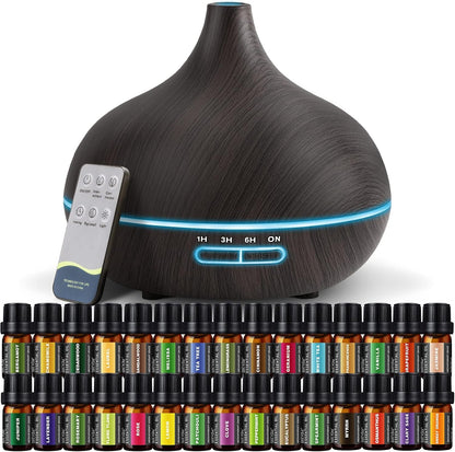 SACATR 500ml Essential Oil Diffuser with 15 Essential Oils, Ultrasonic Cool Mist Humidifier, Remote Control, 4 Timers, 15 Color Lights, Auto Shut-Off