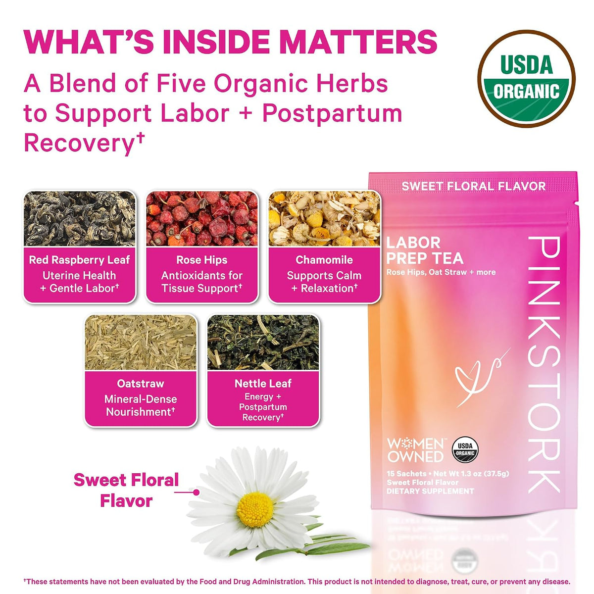 Pink Stork Organic Labor Prep Tea, Sweet Floral Flavor, 30 Cups