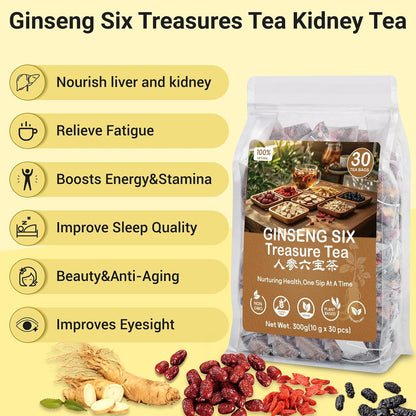 Ginseng Ten Treasures Kidney Tea,Traditional Chinese Herbal TeaBags, Natural Kidney Cleanse Detox Tea for Women & Men, 10 Precious Ingredients Formula(1 Pack/25 Bags)