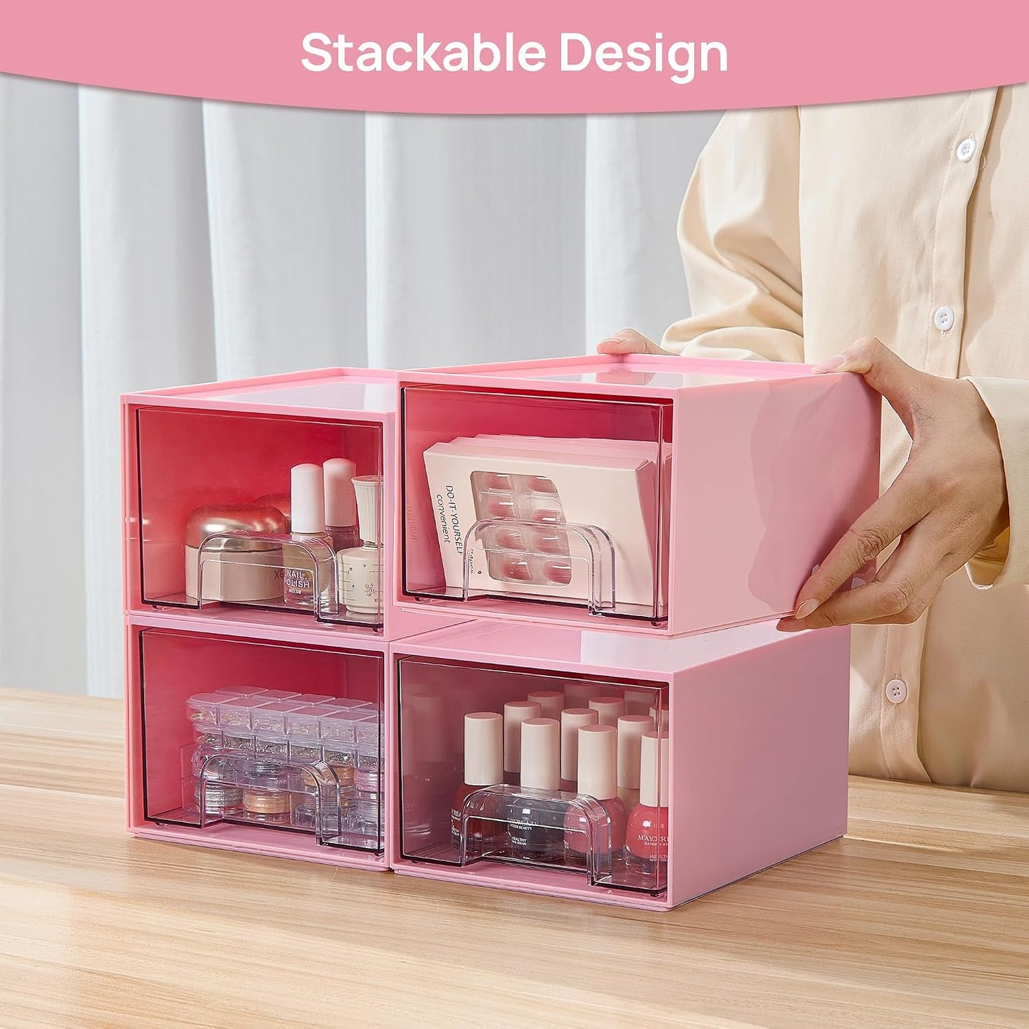 Vtopmart 4 Pack Small Clear Stackable Storage Drawers,Acrylic Bathroom Makeup Organizer,Plastic Storage Bins for Vanity, Undersink, Kitchen Cabinets, Pantry, Home Organization
