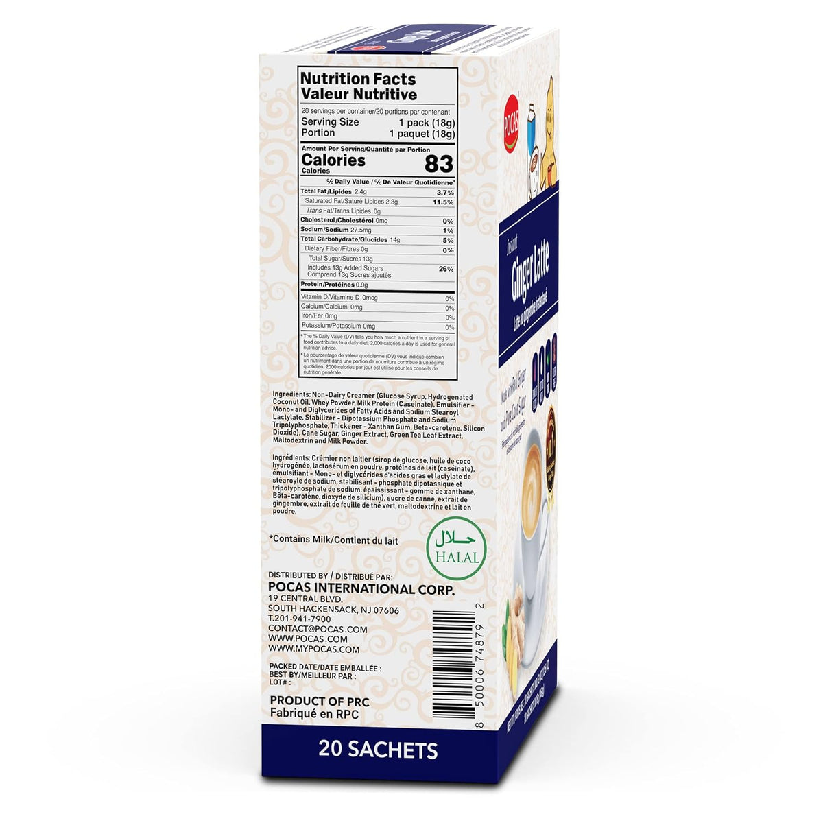 Pocas Ginger Latte Instant Tea, Ginger Extract Blended with Non-Dairy Creamer, Pure Cane Sugar, and Real Milk, 20 Packets per Box