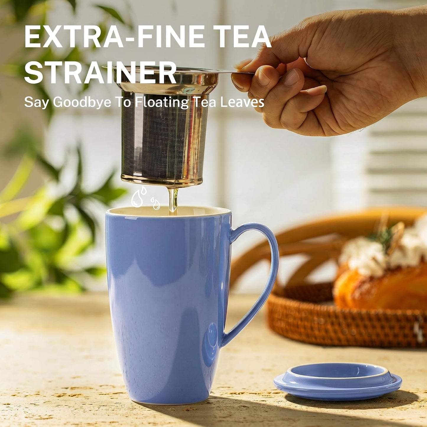 Sweese 15oz Porcelain Tea Mug with Infuser and Lid – Microwave Safe, Ergonomic Handle, Lead-Free Glaze, for Loose Leaf Tea