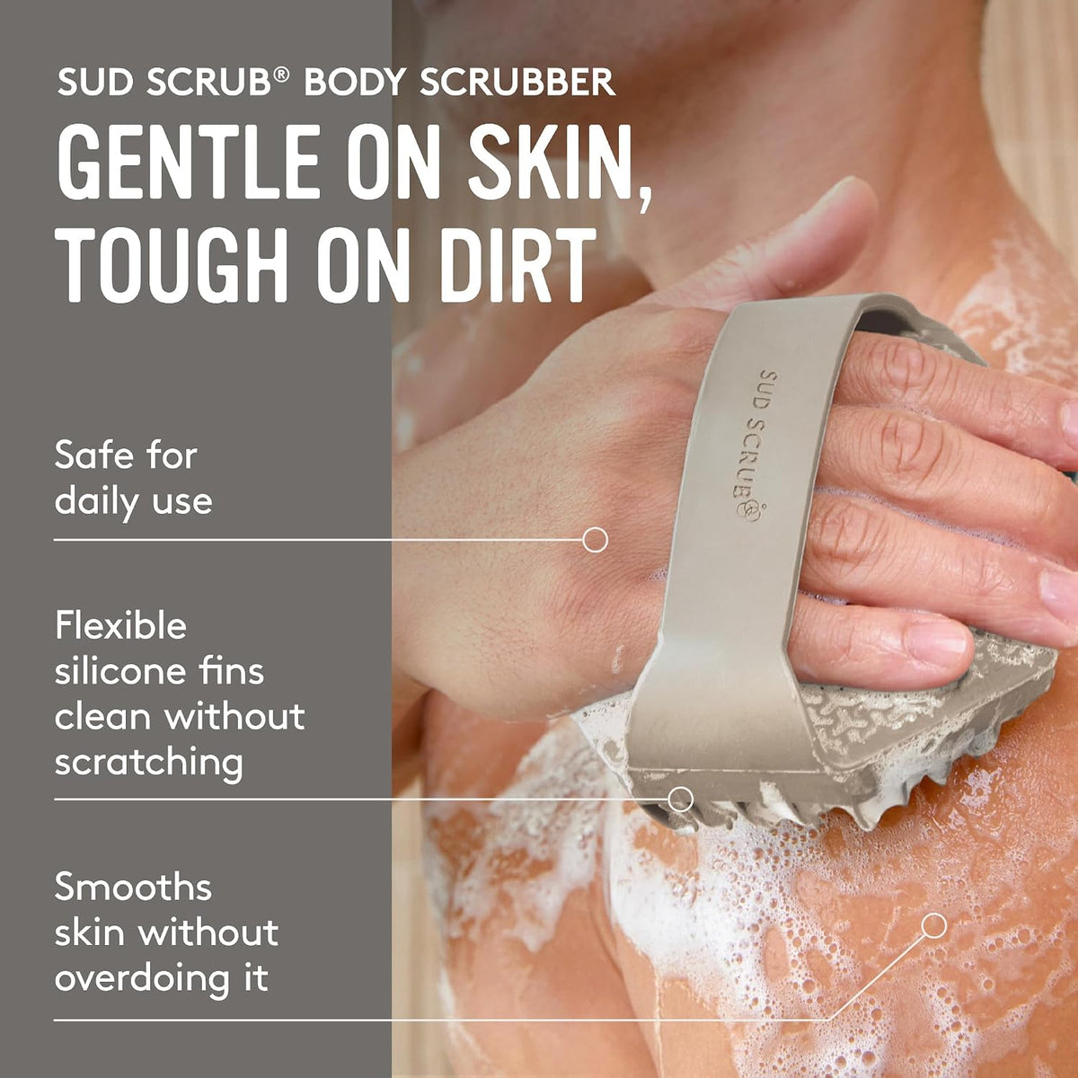 Sud Scrub® Antimicrobial Silicone Body Scrubber, Exfoliating Body Brush for Sensitive Skin, Antibacterial Shower Scrubber for Body, Bathroom Essentials for Men & Women, Charcoal
