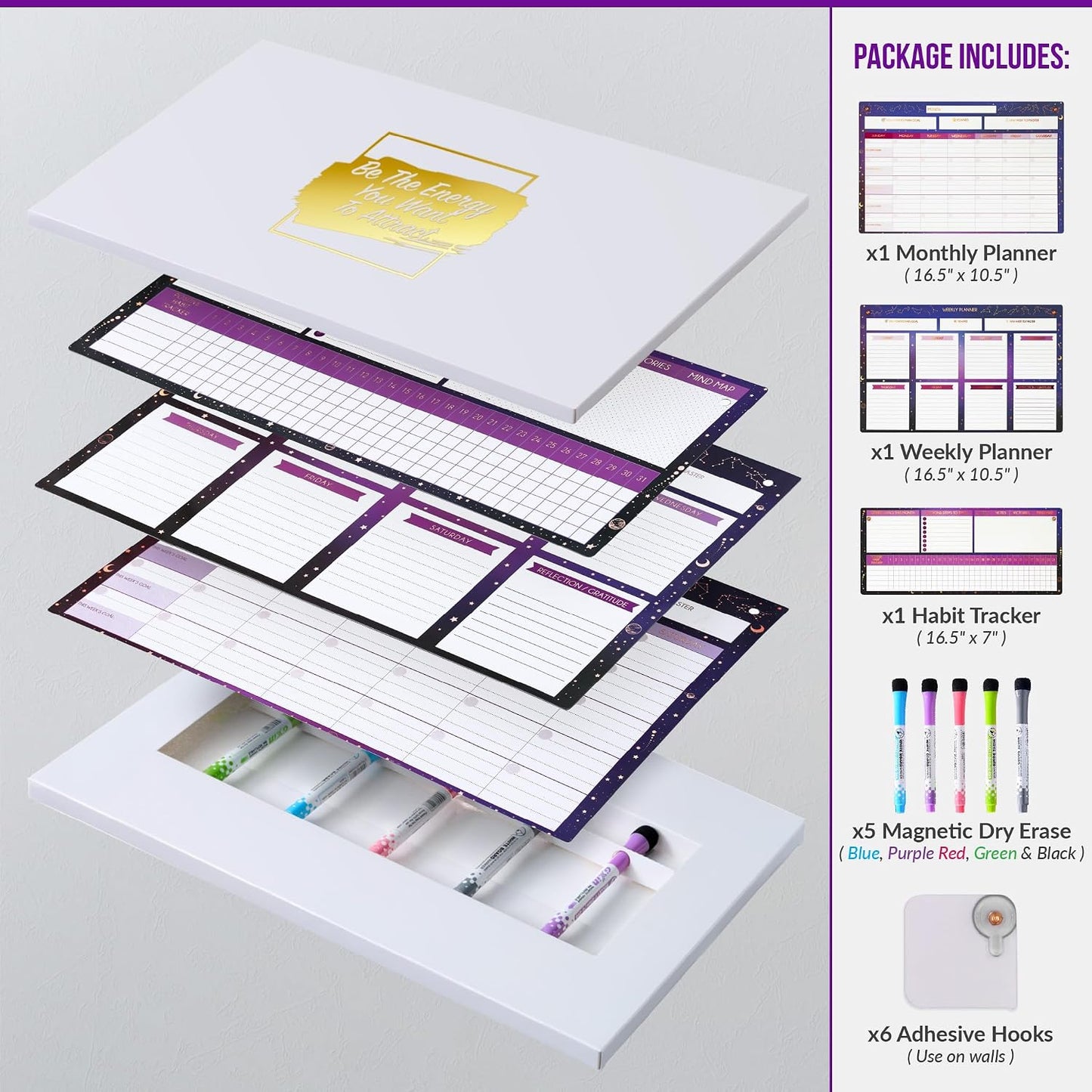 Magnetic Whiteboard for Fridge - Large Dry Erase Calendar for Wall | 2 Magnetic Dry Erase Board 10.5" x 16.5" & 7" x 16.5", Monthly Goal Setting & Habit Tracker, 5 Markers and 6 Adhesive Hooks