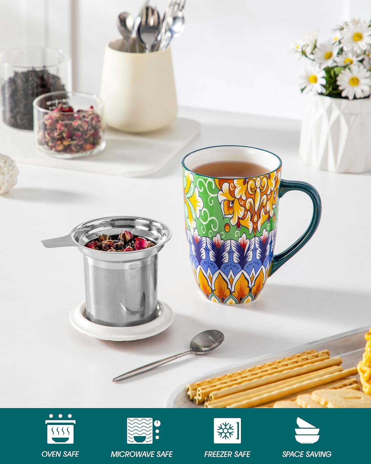 vancasso Ceramic Tea Mug with Infuser and Lid, 18 Ounce Bohemian Loose Leaf Cup, Microwave & Dishwasher Safe, Perfect for Tea, Coffee, Burnt-Cobalt Mandala