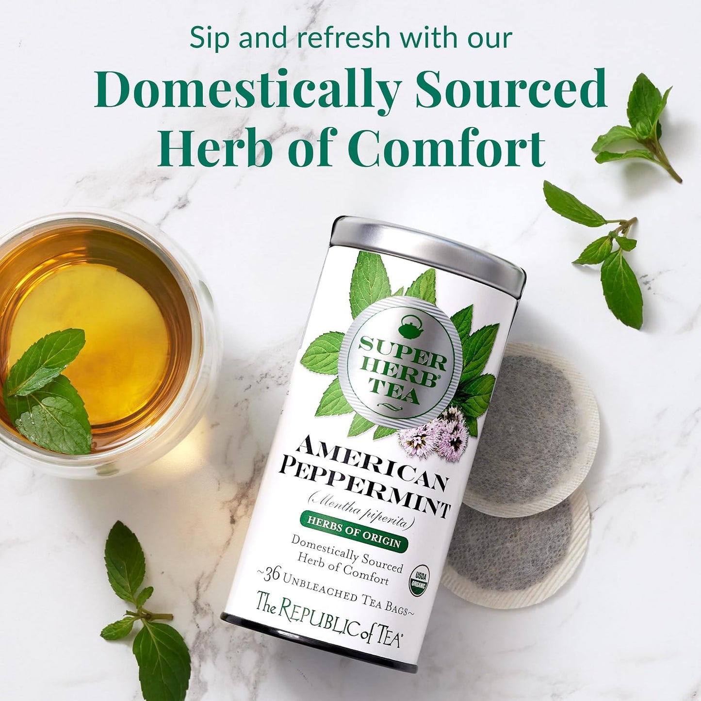 The Republic of Tea — Organic American Peppermint SuperHerb Tea Tin, 36 Herbal Tea Bags, Naturally Caffeine-Free Herbs of Origin