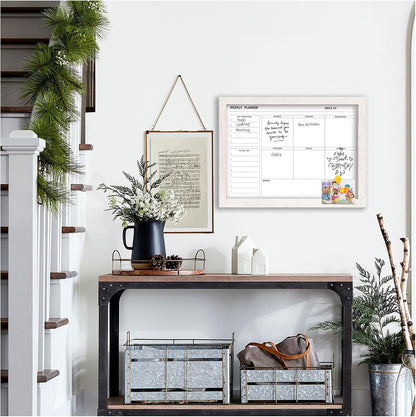 White Board Weekly Calendar Dry Erase Planner for Wall-16"X12",Black Solid Wood Frame,Minimal/Modern Design, Magnetic Whiteboard Planner for to Do List, Memo, School, Home, Office, Kitchen