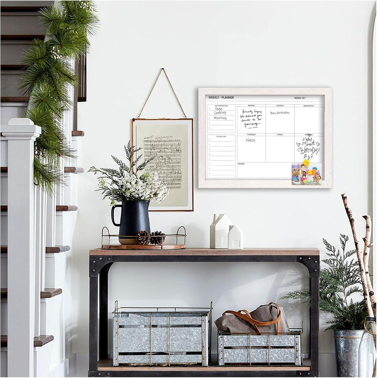 White Board Weekly Calendar Dry Erase Planner for Wall-16"X12",Black Solid Wood Frame,Minimal/Modern Design, Magnetic Whiteboard Planner for to Do List, Memo, School, Home, Office, Kitchen