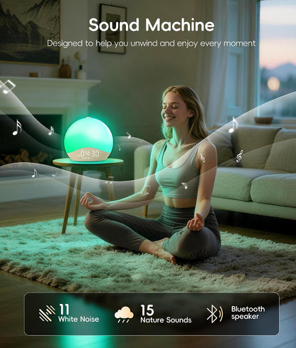 ecozy Sunrise Alarm Clock, White Noise Sound Machine, Alarm Clock for Bedrooms, 26 Soothing Sounds, 17 Night Lights, Bluetooth Speaker, Sunrise Wake-Up Light for Heavy Sleepers, Adults, Kids