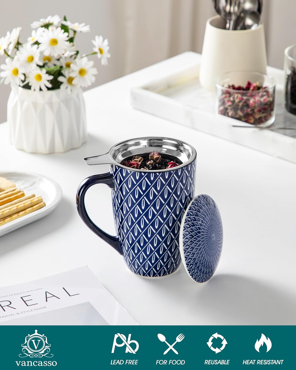 vancasso SELENE Porcelain Tea Mug, 18 oz Porcelain Tea Cup with Infuser and Lid Steeps Loose Leaf Tea, Microwave & Dishwasher Safe, Blossom Cluster