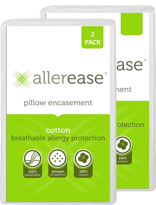 AllerEase 100% Breathable Cotton Pillow Protector for Sleeping, Standard 26" x 20" - 2 Pack