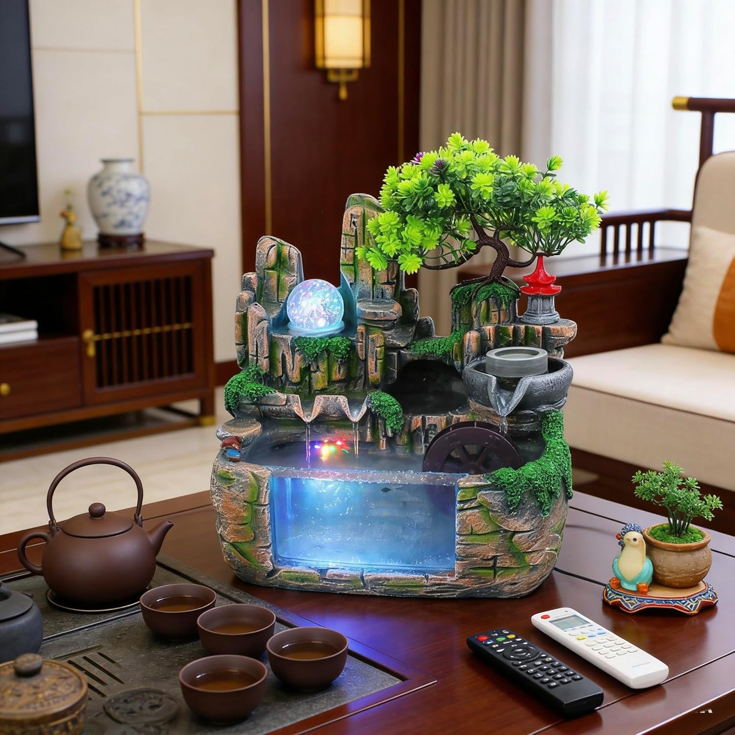 Mini Artificial Bonsai Tree Waterfall Fog Feature Rock Tabletop Fountain | 11in Desktop Decor Waterfall Fountain W/ Water Pump& Atomizer&LED Lights &Fake Tree Office Bedroom Relax