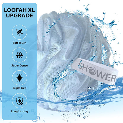 SHOWER BOUQUET Loofah-Charcoal Bath-Sponge XL-Color-4-Pack // Extra Large 75g Soft Mesh Black Luffa Loofa Loufa Puff Set/Exfoliating Body Scrubber for Women and Men - Exfoliate & Soothe Face & Body