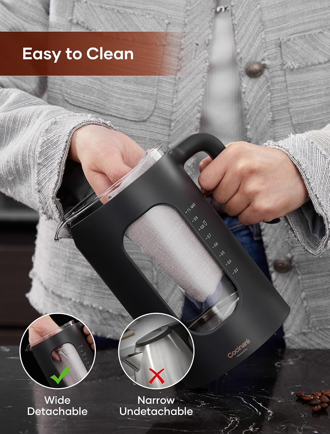 Electric Tea Kettle, INTASTING Glass Electric Kettle with tea Infuser and Precise knob temperature control, 1200W Fast Heating, BPA-Free, Easy to Clean, 1 Liter (Dark Gray)
