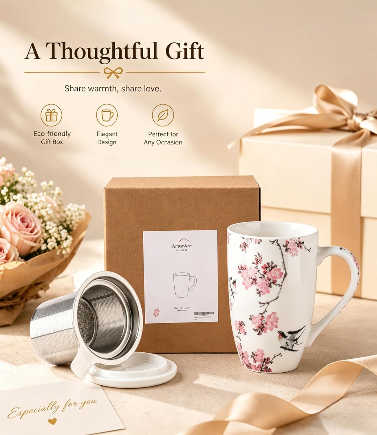 AmorArc 18oz Porcelain Tea Mug with Infuser & Lid, Loose Leaf Tea Cup with Stainless Steel Strainer, Large Coffee Mug Gift for Women, Tea Lovers, Home & Office