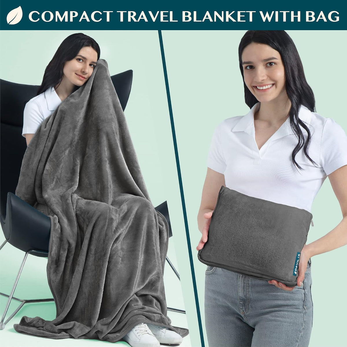 PAVILIA Travel Blanket Pillow, Soft Airplane Blanket 2-IN-1 Combo Set, Plane Blanket Compact Packable, Flight Essentials Car Pillow, Travelers Gifts Accessories Luggage Backpack Strap, 60x43 Teal Blue