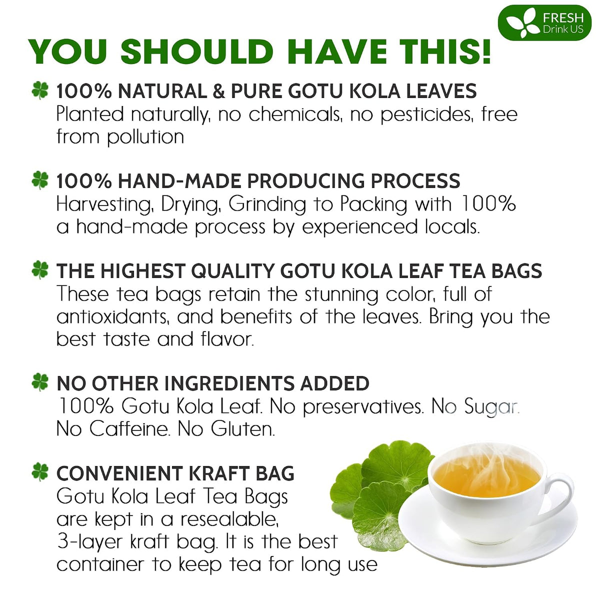 FreshDrinkUS, Premium Gotu Kola Leaf Tea, 75 Count, Pure, Caffeine Free