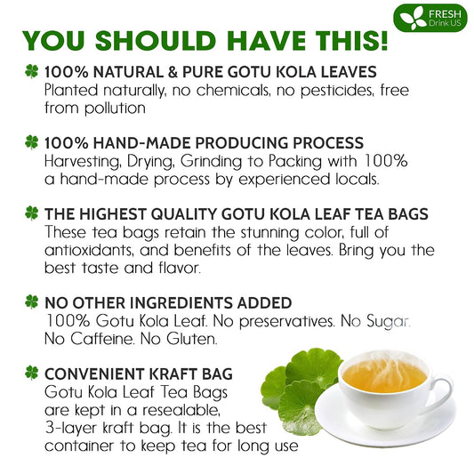 FreshDrinkUS, Premium Gotu Kola Leaf Tea, 75 Count, Pure, Caffeine Free