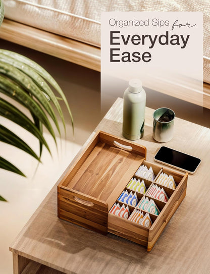 TINAMO Acacia Wooden Tea Box Organizer with Drawer for Tea & Coffee Storage
