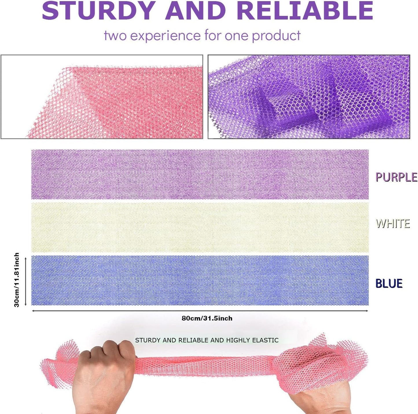 UJFQBH 3 Pieces African Bath Sponge African Net Long Net Bath Sponge Exfoliating Shower Body Scrubber Back Scrubber Skin Smoother,Great for Daily Use (Pink,Yellow,Purple)