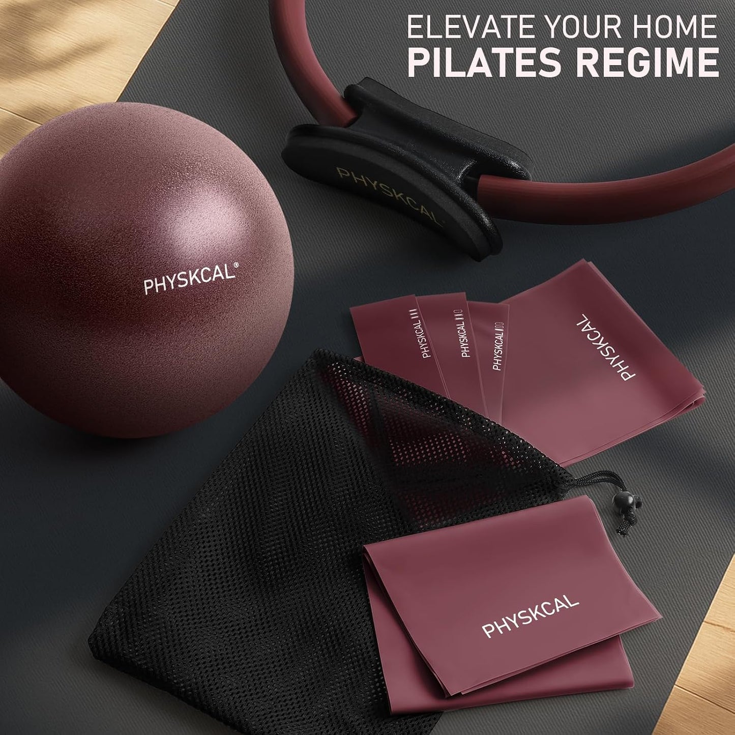 PhysKcal Pilates Kit, 15-Inch Pilates Ring with 1x Pilates Ball & 5X Bands | Aesthetic Home Pilates Equipment Set, Essential Kit for Beginners in Minimalist Style. Comes in Premium Packaging