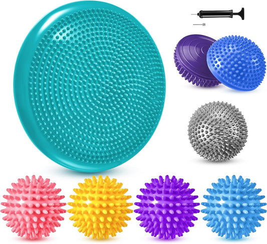 8 Pcs Balance Disc Set with Hand Pump, Wobble Cushion, 3 Balance Pods & 4 Spiky Massage Balls, for Sensory child, Balancing Training, Physical Recovery, Exercise, Adults, Dogs