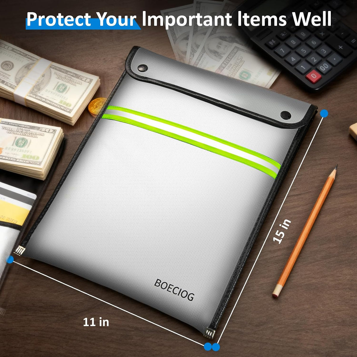 Upgraded Fireproof Document Bag, 15 in x 11 in Large Capacity with Waterproof Zipper, Flame-Resistant Edging, Fire Proof Money Bag for Cash, Safe Storage for Documents Valuables, Passports